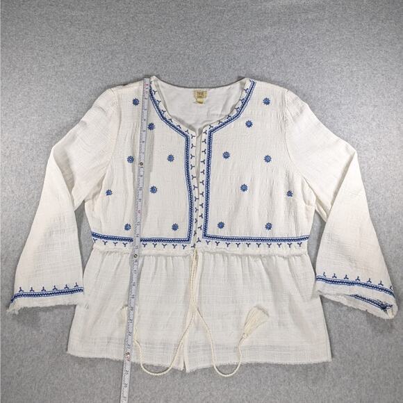 True Craft Jacket L White 100% Cotton Blue Embroidered Boho Peplum Tie Raw Hems - Picture 7 of 15